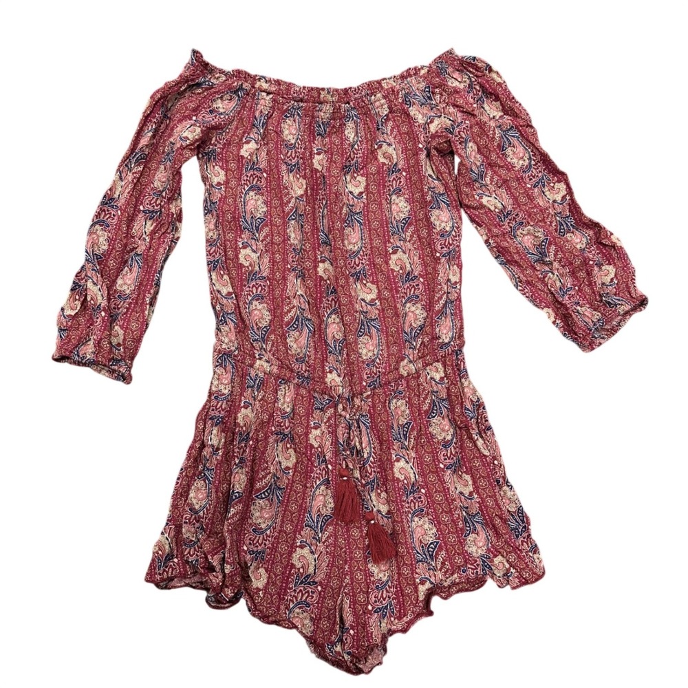 American Eagle Womens XS Burgundy Paisley Floral Off Shoulder Tassel Romper